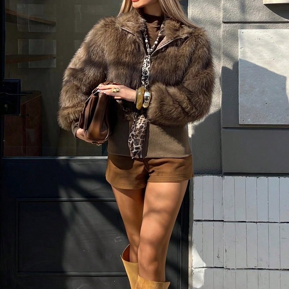 Khaki Casual Women's Short Stand Collar Faux Fur Jacket